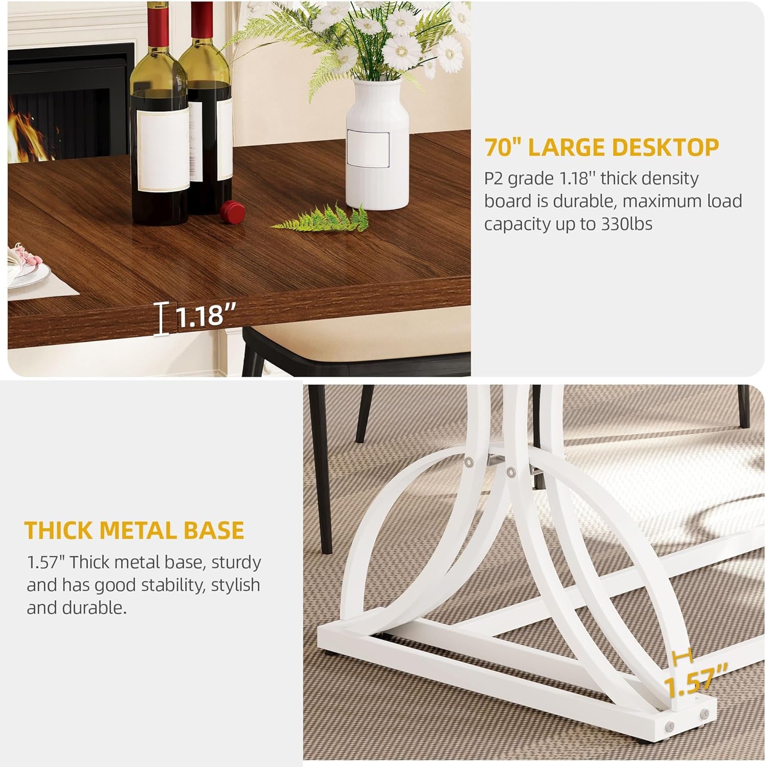 Wooden table with wine bottles and a vase, featuring text about its size and base thickness.