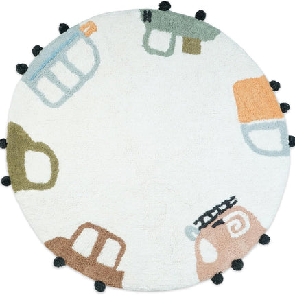 32" Blue Green And White Cotton Cars Round Youthful Bath Rug-2