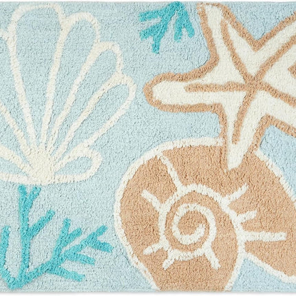 32" Blue Tan And White Cotton Seashells And Coral Bath Rug-0