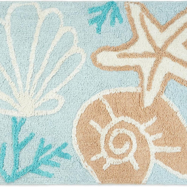 32" Blue Tan And White Cotton Seashells And Coral Bath Rug-0