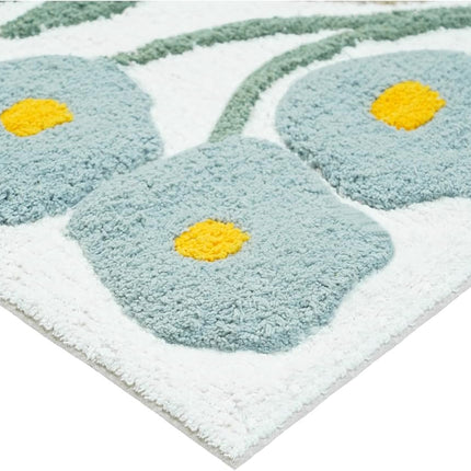 32" Light Blue Red And White Cotton Floral Bath Rug-2
