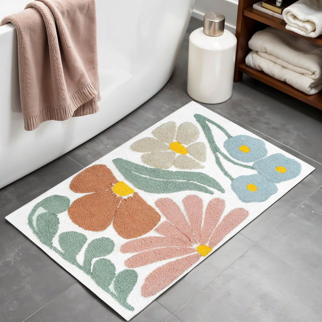 32" Light Blue Red And White Cotton Floral Bath Rug-0
