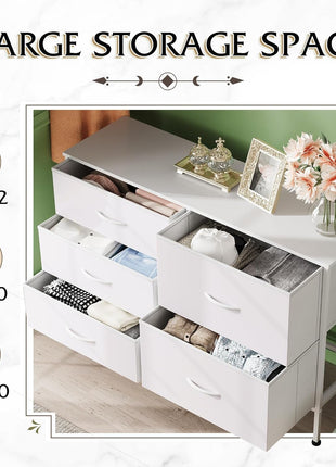 Dresser for Bedroom with 5 Drawers, Wide Bedroom Dresser with Drawer Organizers, Chest of Drawers, Fabric Dresser for Living Room, Closet, Hallway, White