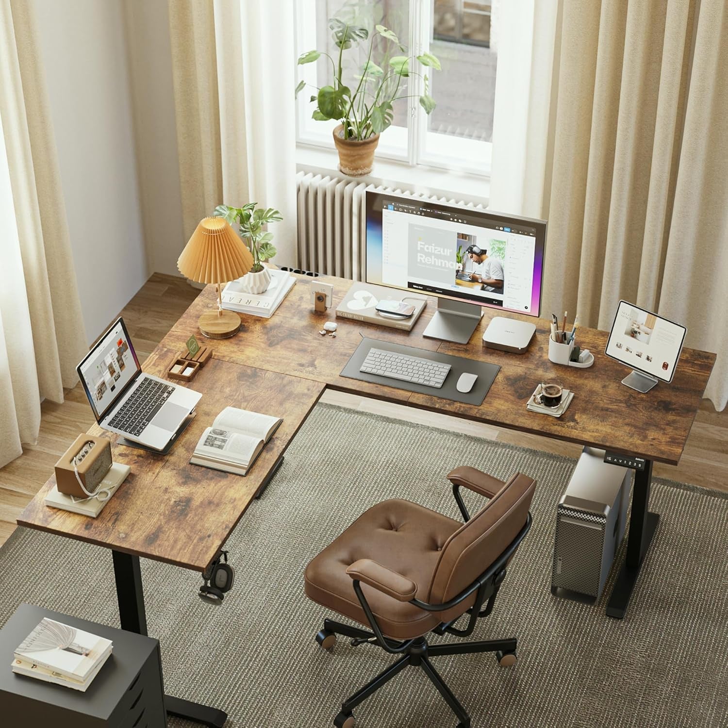 Modern home office with a wooden desk, chairs, and computer equipment.