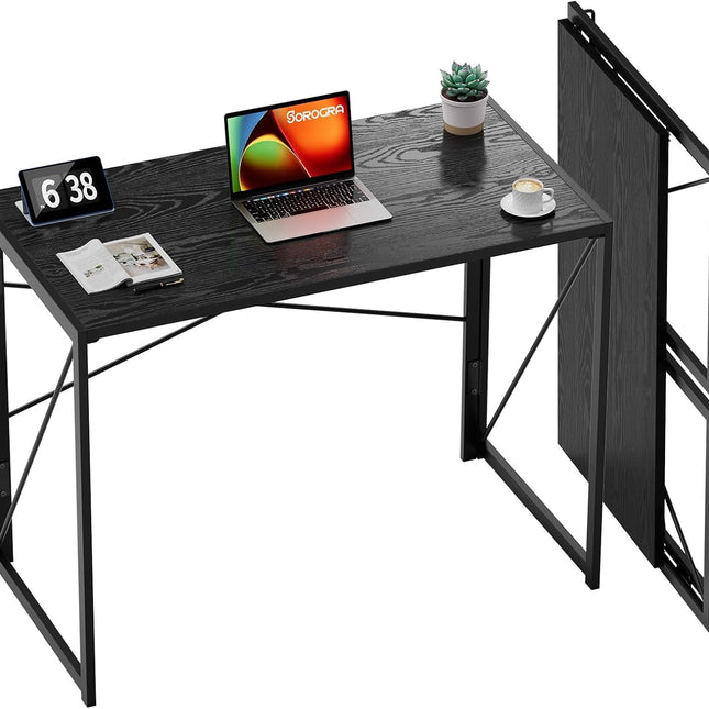 Small Folding Desk 31.5 Inch No Assembly Required Computer Desks, Spaces Saving Foldable Table for Bedroom, Home Office, Dorm, Apartment, Kids, Black Wood-0