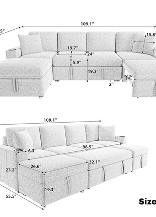 109.1' Sectional Sofa Convertible Pull-out Sofa Bed with Movable Storage Ottoman, Gray Chenille Fabric