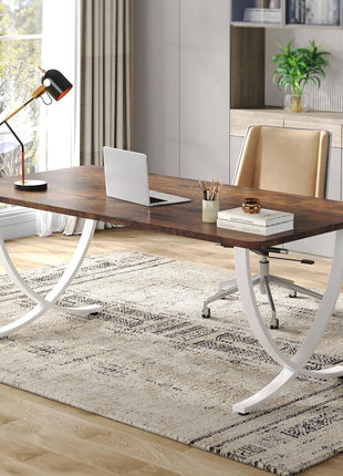 Executive Desk, 63” W X 31.5” D Large Office Desk, Modern Computer Desk Conference Table Meeting Room Table, Business Furniture for Home Office, White and Walnut-0