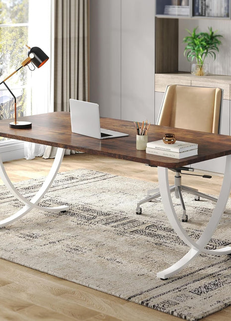 Executive Desk, 63” W X 31.5” D Large Office Desk, Modern Computer Desk Conference Table Meeting Room Table, Business Furniture for Home Office, White and Walnut-0