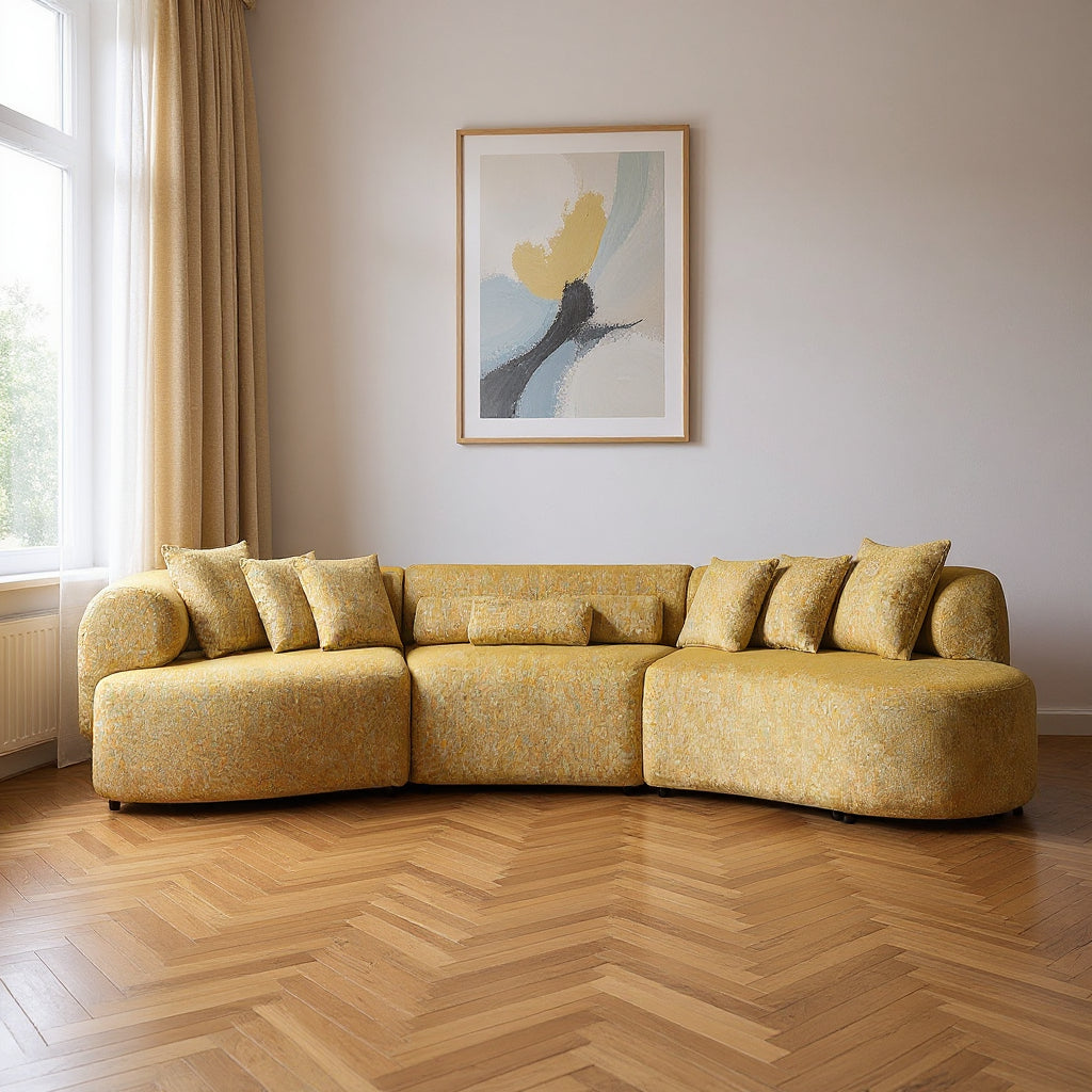 Mustard Boucle Modular Curved Three Piece Sectional With Toss Pillows-0