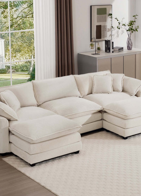 Oversized Modular Cushion Sofa with Ottomans, Comfy Upholstered U-Shaped Convertible Corner Sectional Sofa, Light Beige Corduroy-1