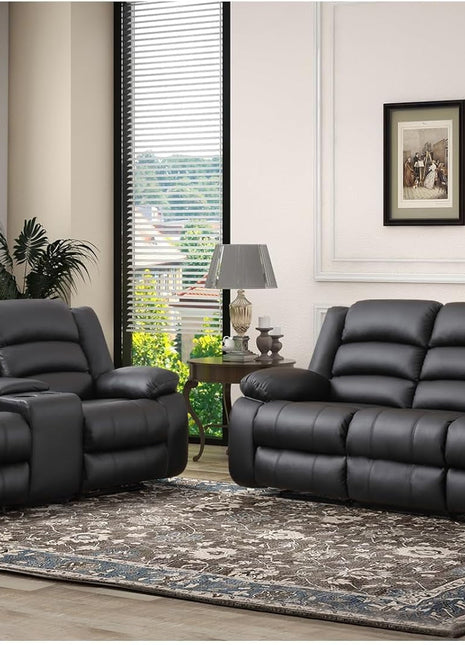 Faux Leather Manual Recliner Sofa Set, Loveseat Reclining Sofa and 3 Seat Recliner Sofa, Couch Set for Living Room, Bedroom, Meeting Room, Black(Loveseat+Sofa)-0