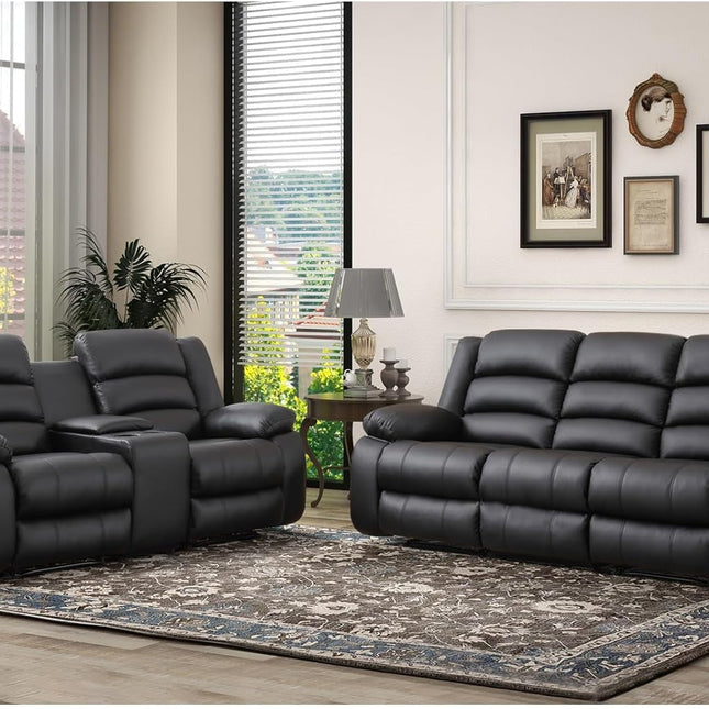 Faux Leather Manual Recliner Sofa Set, Loveseat Reclining Sofa and 3 Seat Recliner Sofa, Couch Set for Living Room, Bedroom, Meeting Room, Black(Loveseat+Sofa)-0