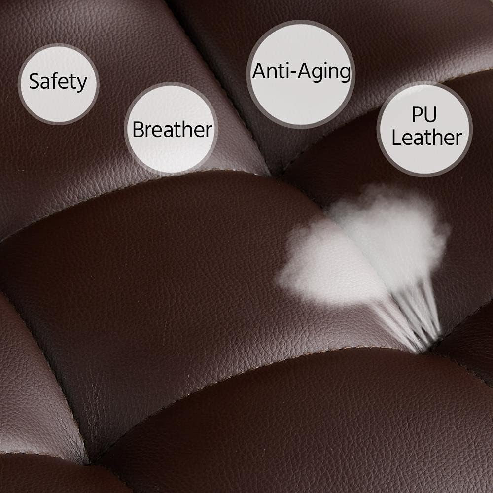 Brown leather surface with labeled features including 'Safety', 'Anti-Aging', 'Breather', and 'PU Leather'.