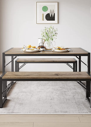 Dining Table Set for 4 with 2 Benches, Gray-2