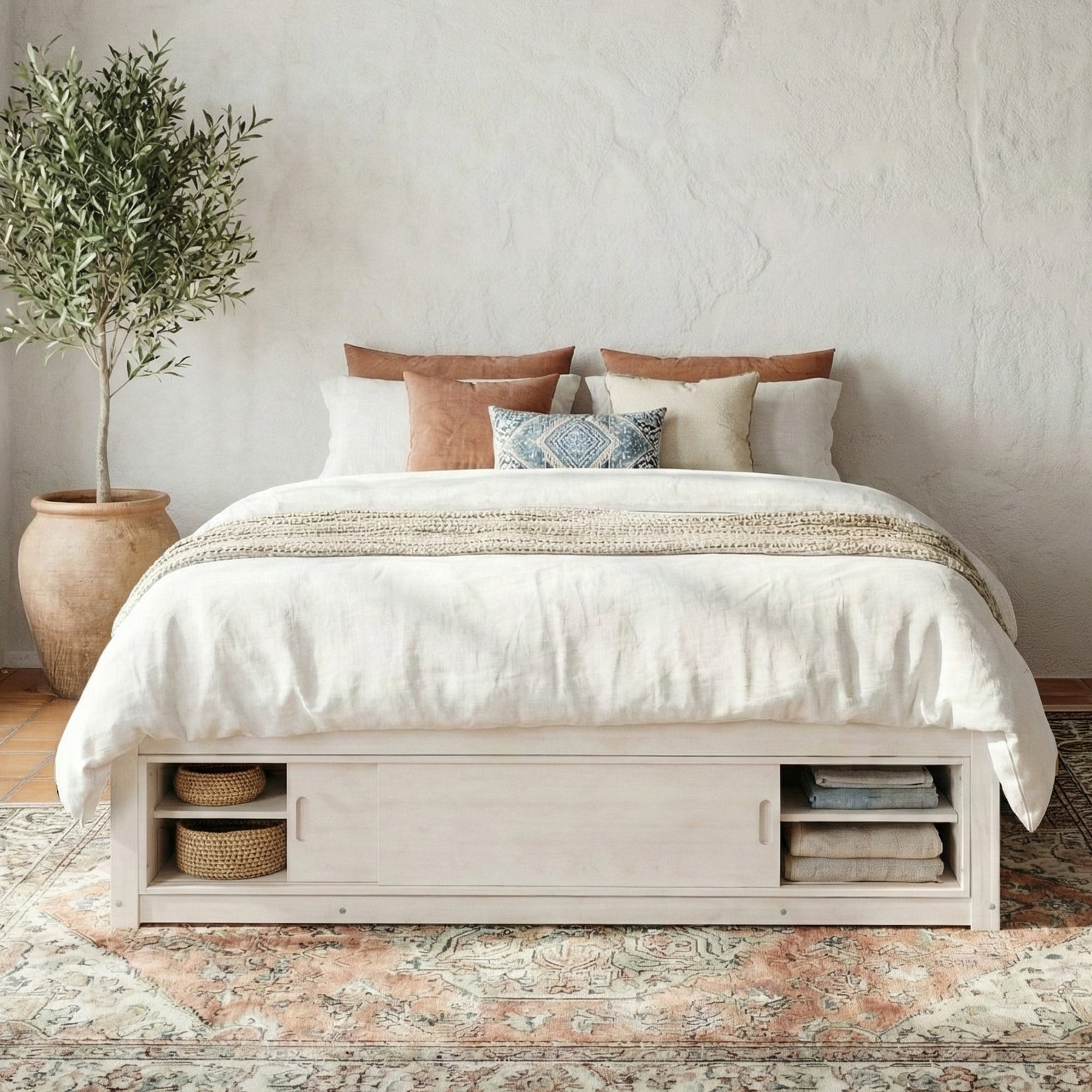 Platform Bed Frame with 4 Storage Drawers and Footboard Storage Cubby,