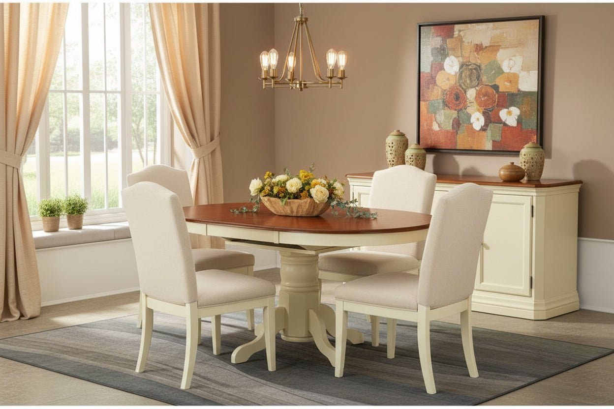 Round wooden table with a white base in a room with a window and decor.