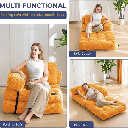 Folding Sofa Bed, L-Shaped Convertible Sofa Bed with Armrest Foldable Sleeper Sofa with Pillow, Portable Fold Out Chair Bed Comfy Floor Sofa Lounge for Living Room Bedroom, Orange-2