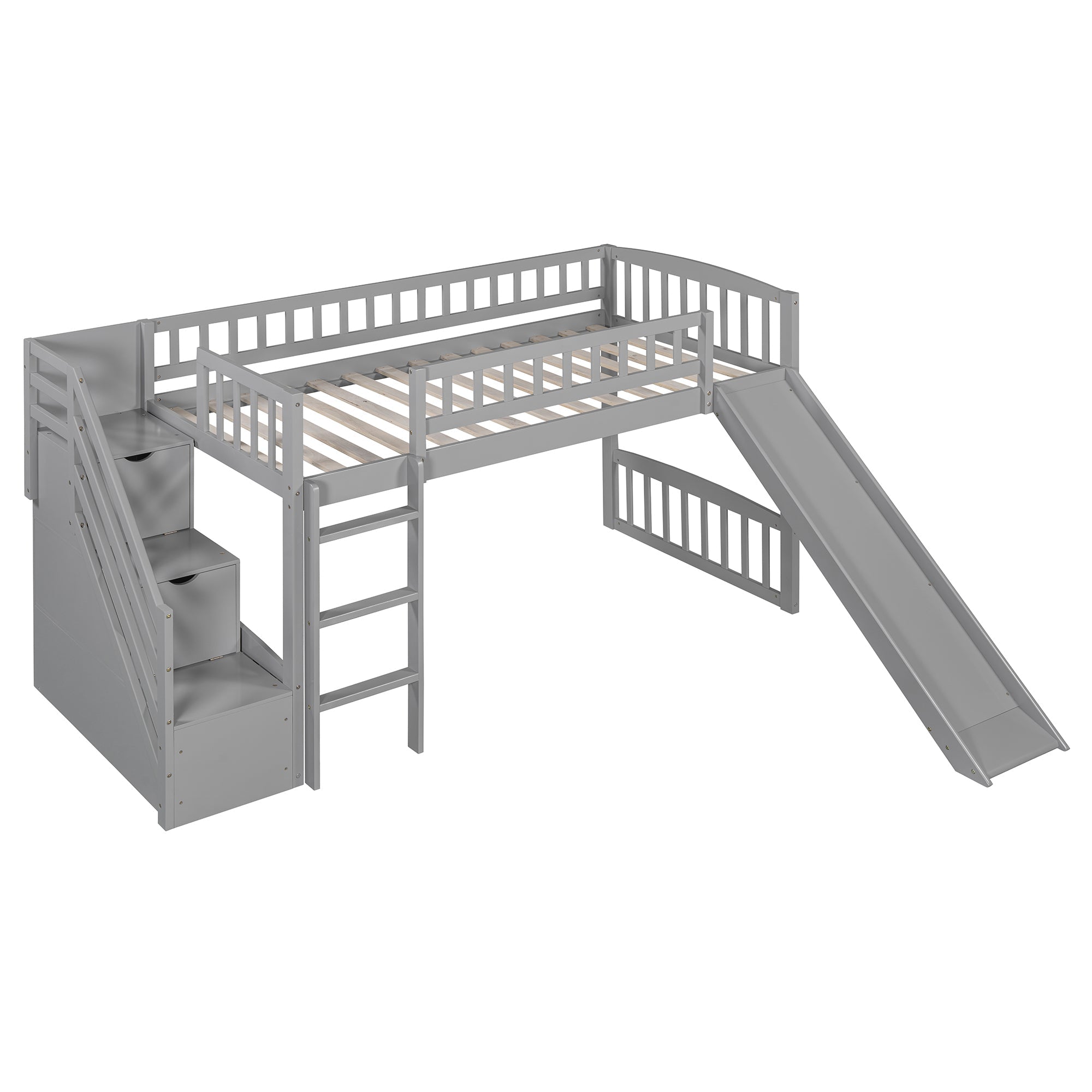 Stairway Twin Size Loft Bed with Two Drawers and Slide