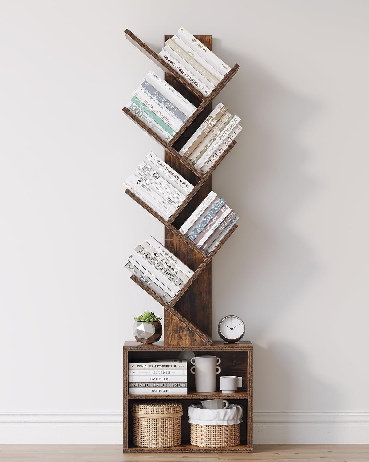 Wooden bookshelf with books and decorative items against a white wall