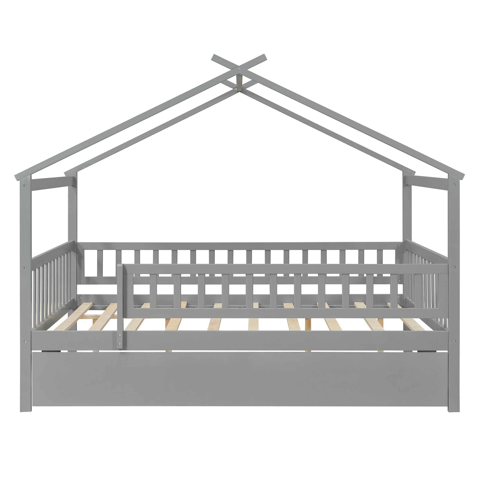 Full Size Wooden House Bed with Twin Size Trundle