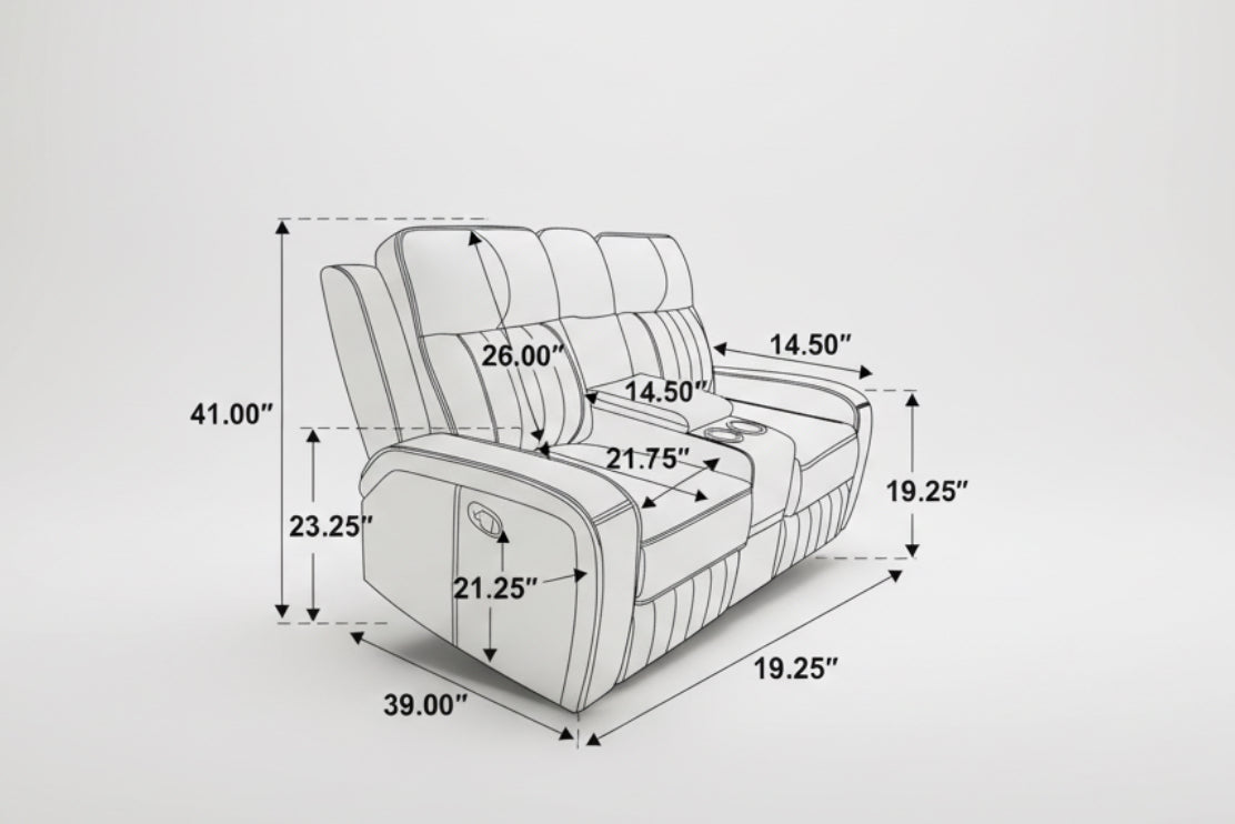 Dimensions of a recliner chair with labeled measurements
