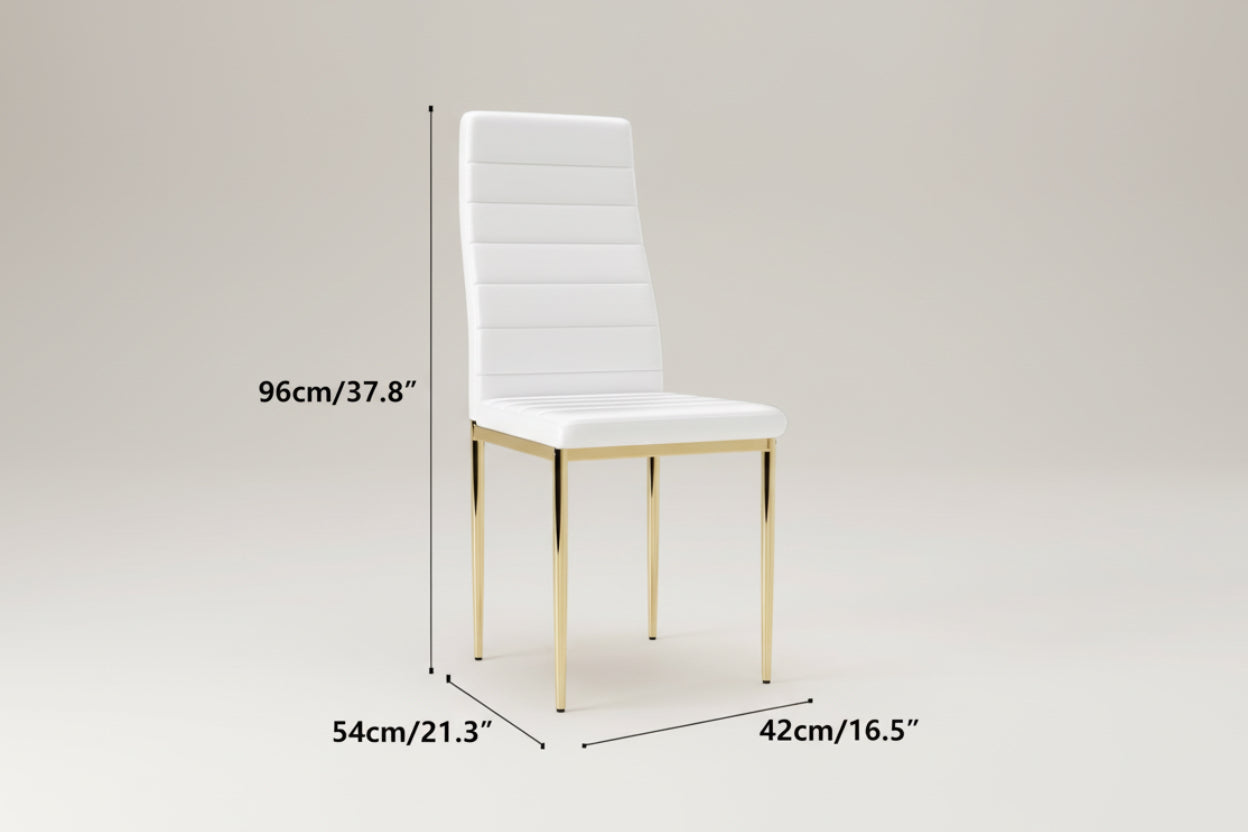 White dining chair with gold legs and dimensions on a white background