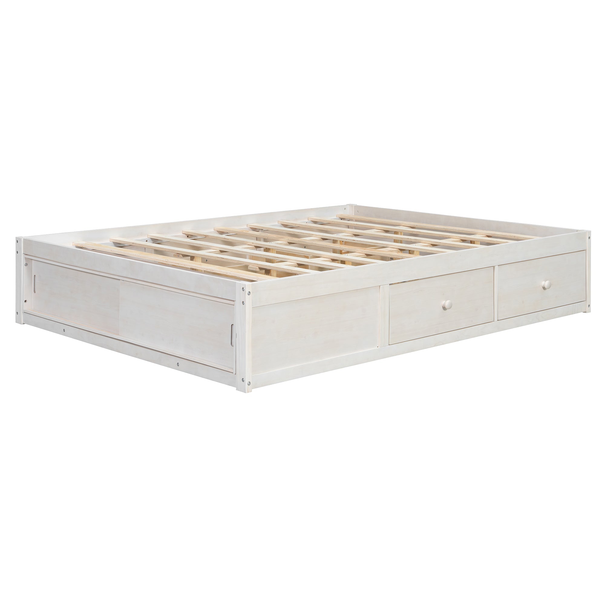 Platform Bed Frame with 4 Storage Drawers and Footboard Storage Cubby,