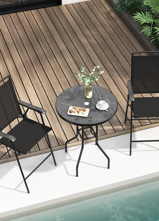 3 PCS Patio Table and Chairs Set, Bistro Furniture with DPC Tabletop, Umbrella Hole, Outdoor Bar Set with round Table and 2 Folding Counter Height Chairs for Poolside, Deck, Porch, Black-1