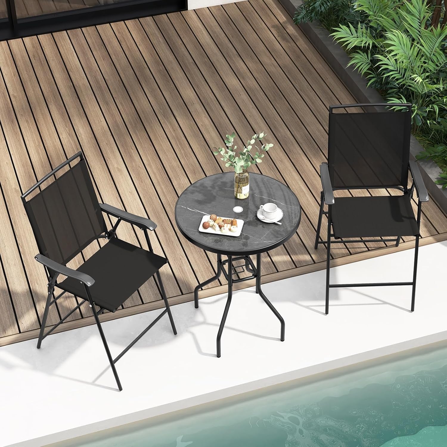 3 PCS Patio Table and Chairs Set, Bistro Furniture with DPC Tabletop, Umbrella Hole, Outdoor Bar Set with round Table and 2 Folding Counter Height Chairs for Poolside, Deck, Porch, Black-1