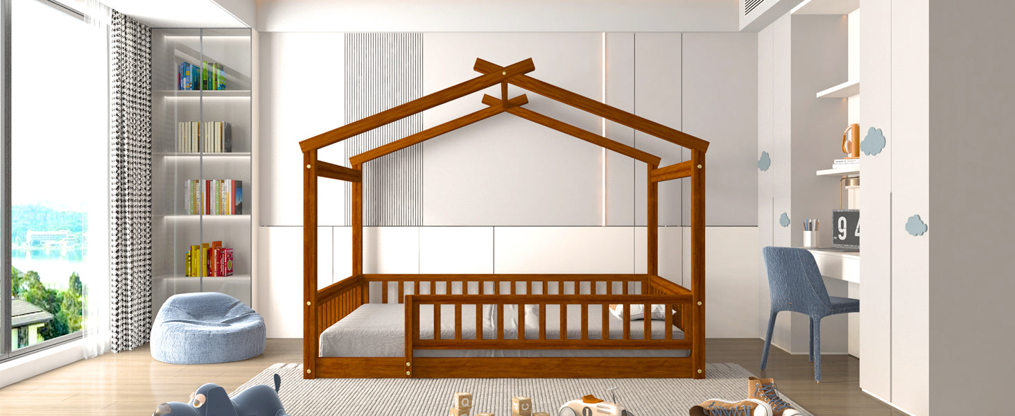 Wood Bed House Bed Frame with Fence, for Kids, Teens, Girls, Boys