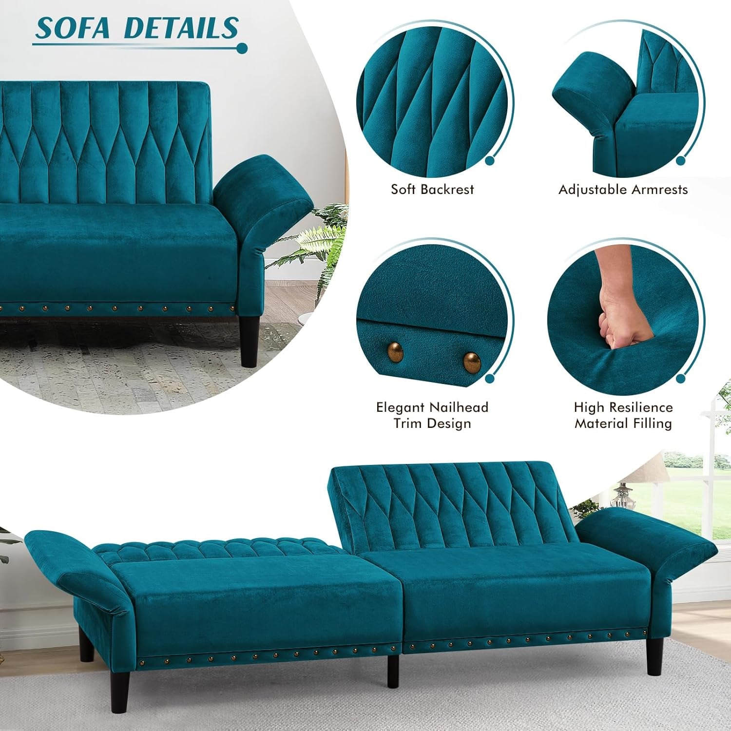 Teal sofa with detailed features highlighted, including soft backrest, adjustable armrests, nailhead trim, and high resilience material filling.