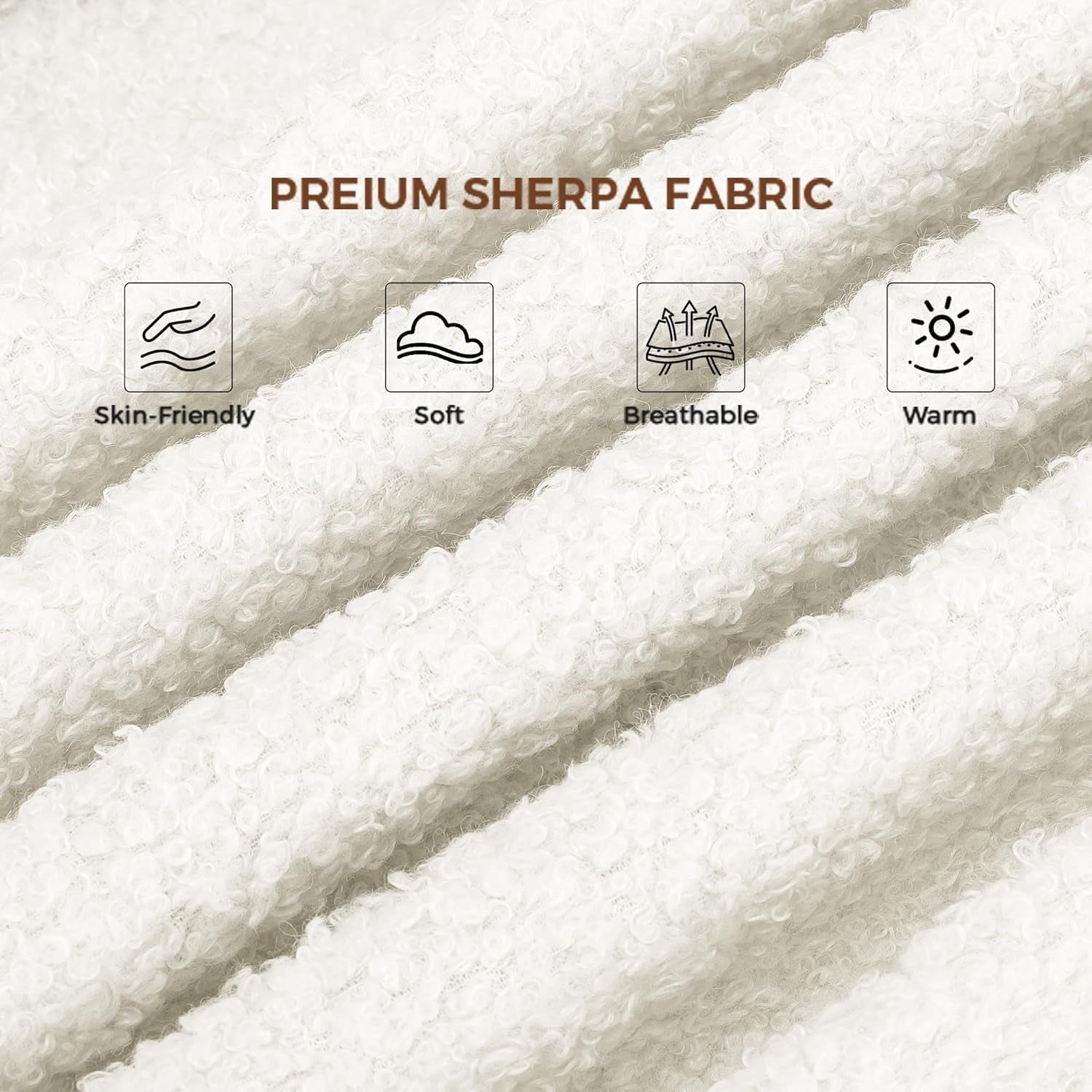 Close-up of premium sherpa fabric with features listed.