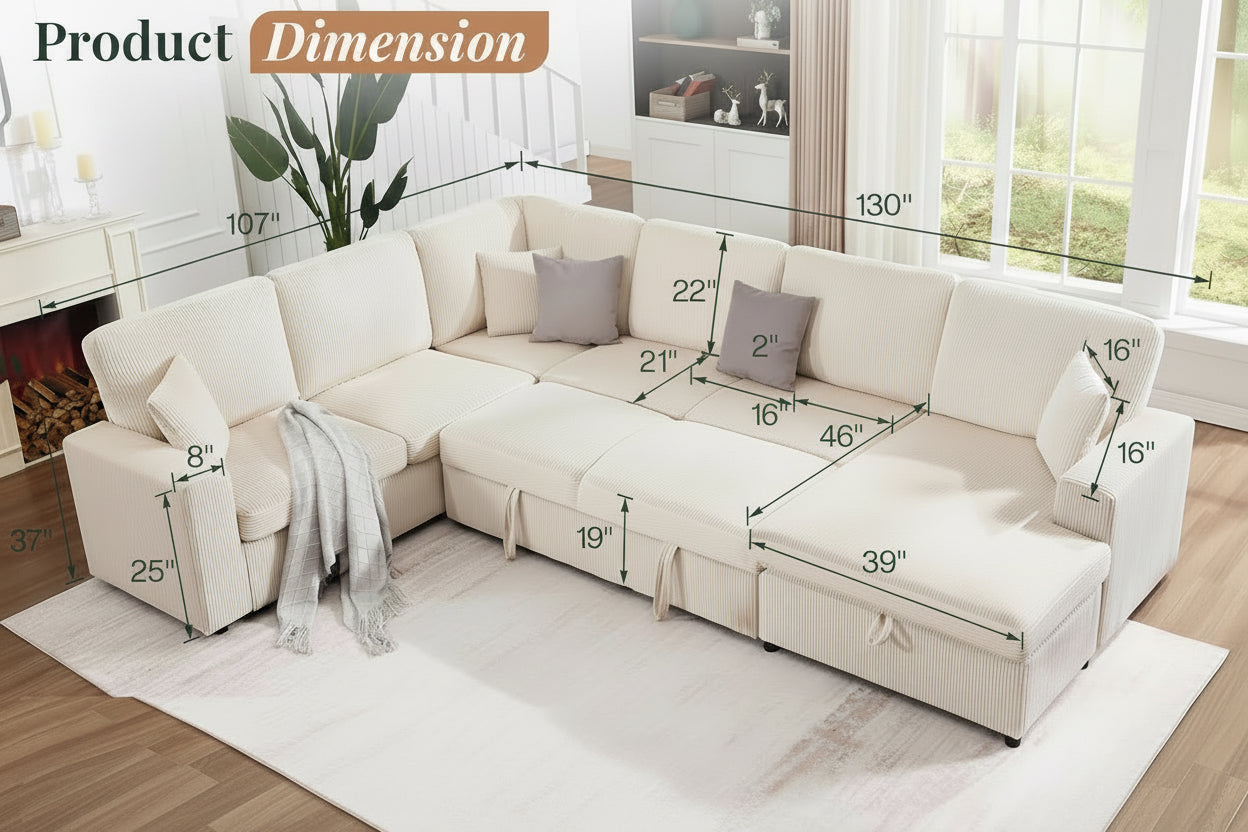 Beige sectional sofa with dimensions and BIFMA logo on a living room background
