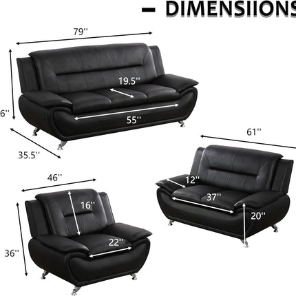 3 Piece Living Room Couch Set, Faux Leather Sofa Set, Modern Sofa Couch Set Living Room Furniture (Sofa+Loveseat+Chair, Black)-1