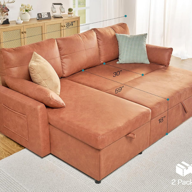 Sleeper Sofa, Sofa Bed- 2 in 1 Pull Out Couch Bed with Storage Chaise, Sofa Sleeper Couch for Living Room, Brown Leathaire Sofa-1