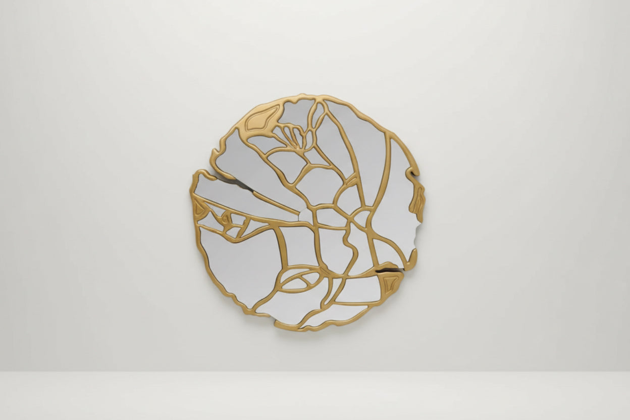 Decorative element with gold and white design, shown with measurements on a white background