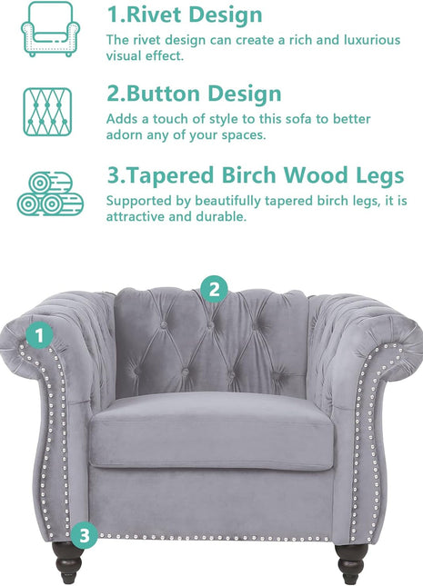3 Piece Living Room Set, Sectional Chesterfield Sofa Chair Contemporary Upholstered Velvet Loveseat Couch Sets for Living Room, Bedroom, Office-2