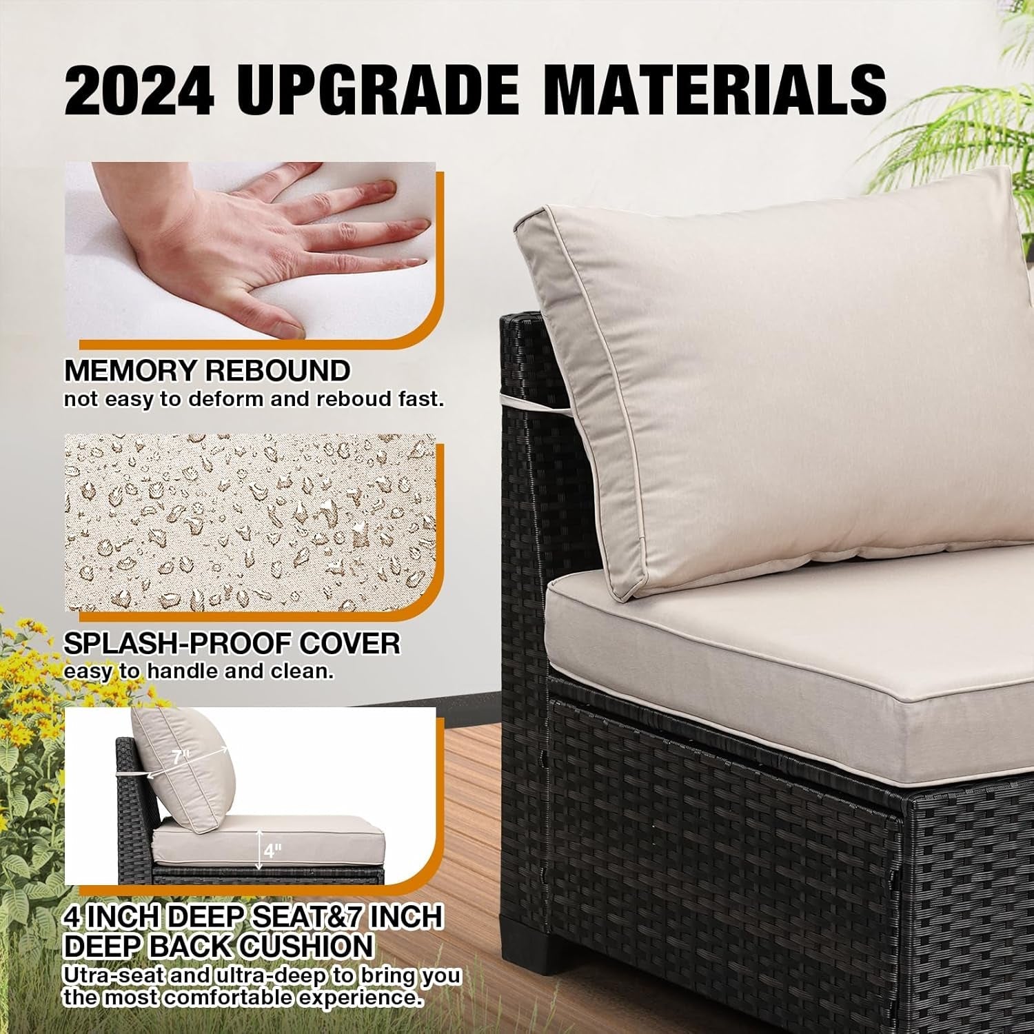 Outdoor furniture with cushions and text highlighting upgrade materials for 2024.
