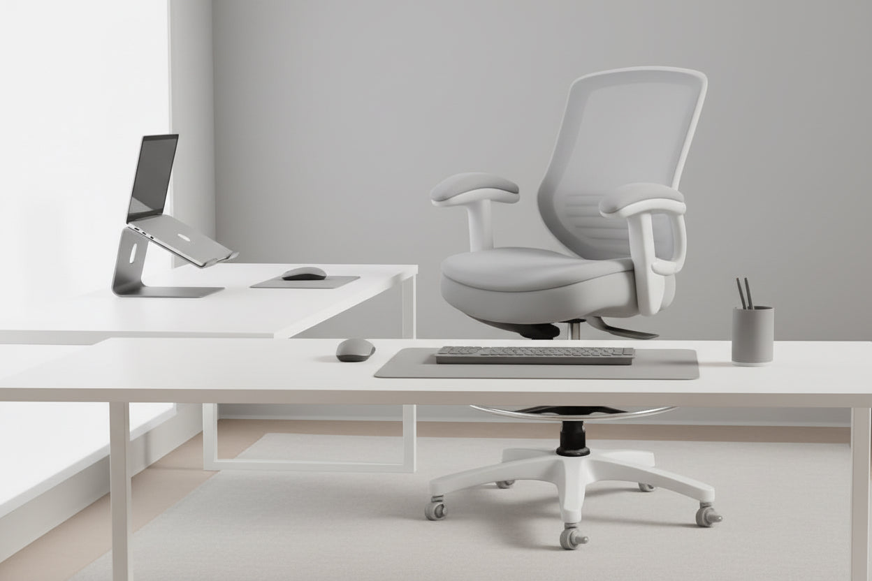 Gray office chair in a room with a wooden shelf and decorative items.