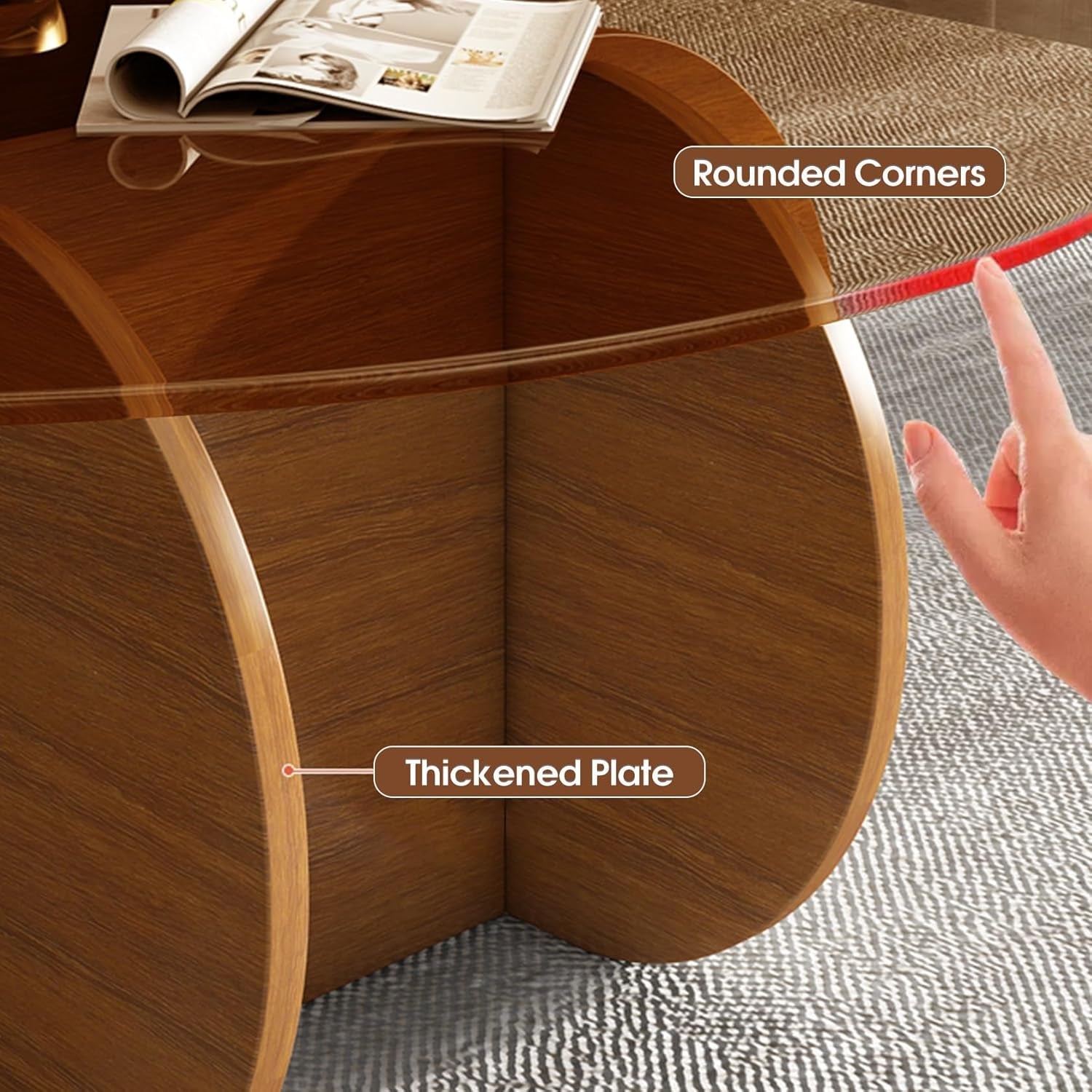 Wooden side table with rounded corners and thickened plate, hand pointing to features.