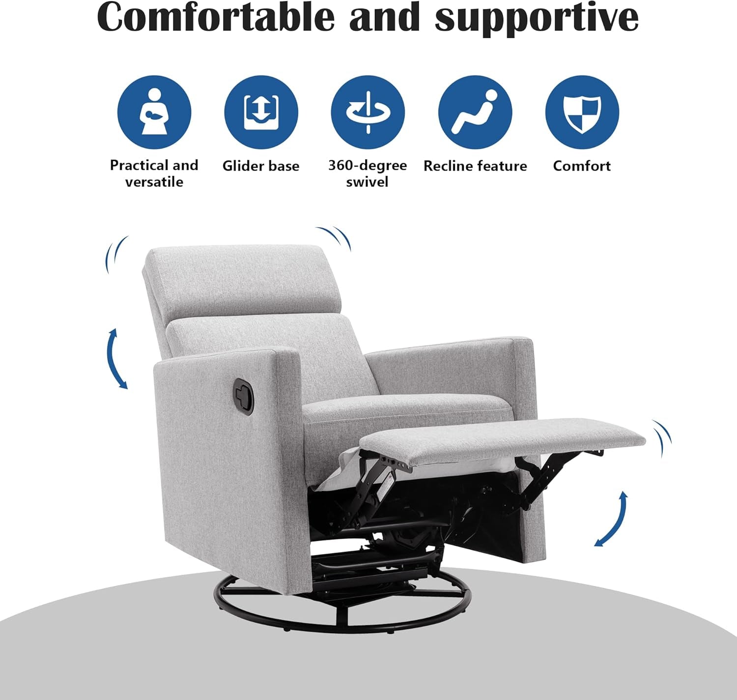 Modern Upholstered Manual Swivel Recliner Chair W/Headsupport Adjustable Nursery Glider Rocker for Living Room, Bedroom Gray-3