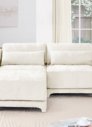 Elegant Two-Seater Sofa with Ottoman, Lumbar Pillows, Ergonomic Design, Beige Chenille, Wood Frame-4