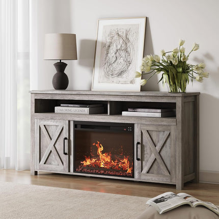Barn Door Wood Electric Fireplace TV Stand for Tvs up to 65 Inches Open Shelves and Cabinets Media Entertainment Center Console Table - Corin (Gray Wash)