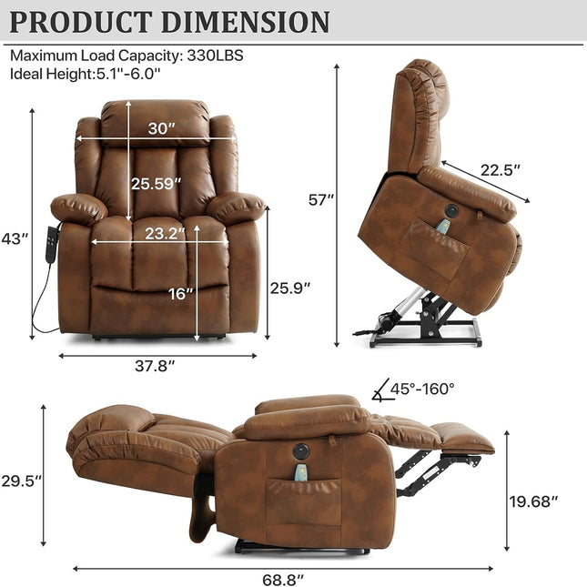 Dual Motor Large Power Lift Recliner Chair Recliners for Elderly, Infinite Position Recliner Chair with Heat and Massage, Breathable Leather(Ochre)-1