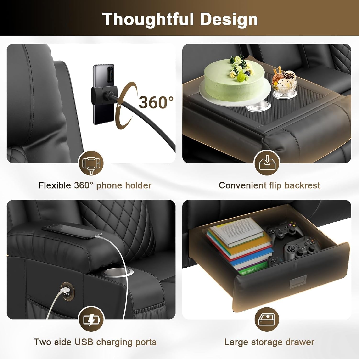 Collage of a car seat with features including a flexible phone holder, flip backrest, USB charging ports, and a storage drawer.