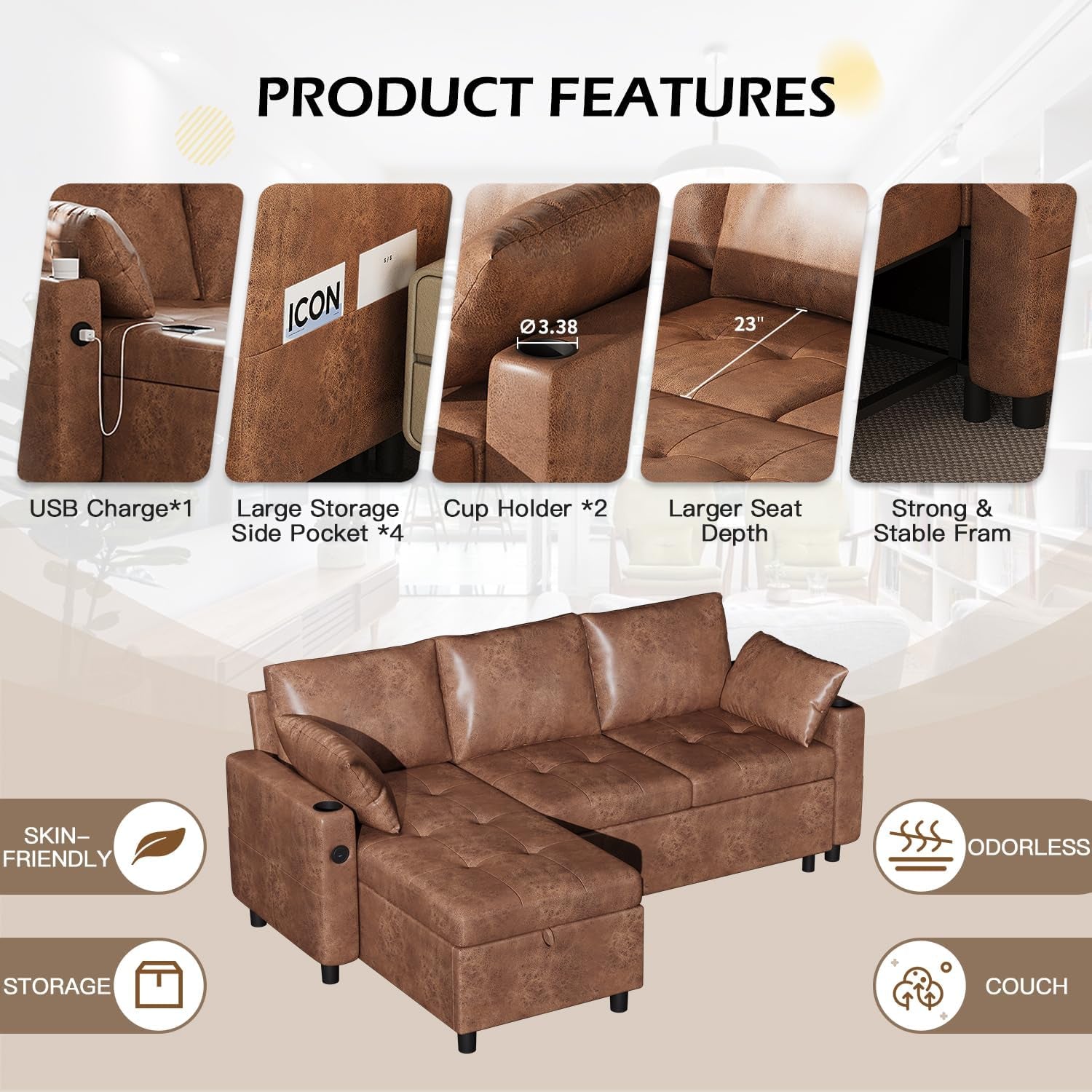 Brown Leather Sleeper Sofa Bed With Storage-4
