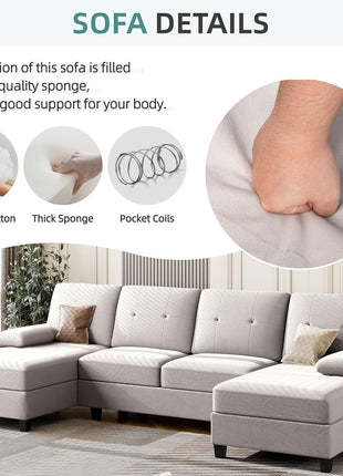 Sectional Sofa Couches for Living Room, U Shaped Sofa Living Room Furniture Sets, 4 Seat U Shaped Sofa Sectional Couch with Chaise, Beige