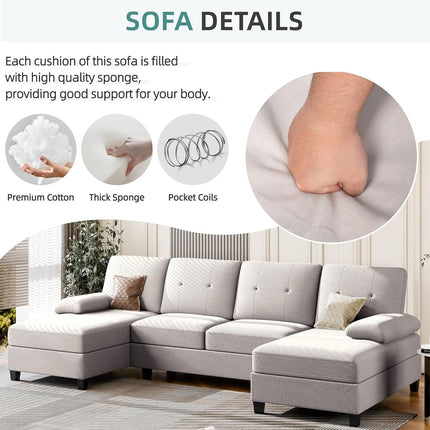 U-Shaped Sectional Sofa – Breathable Linen Fabric with Chaise, Beige