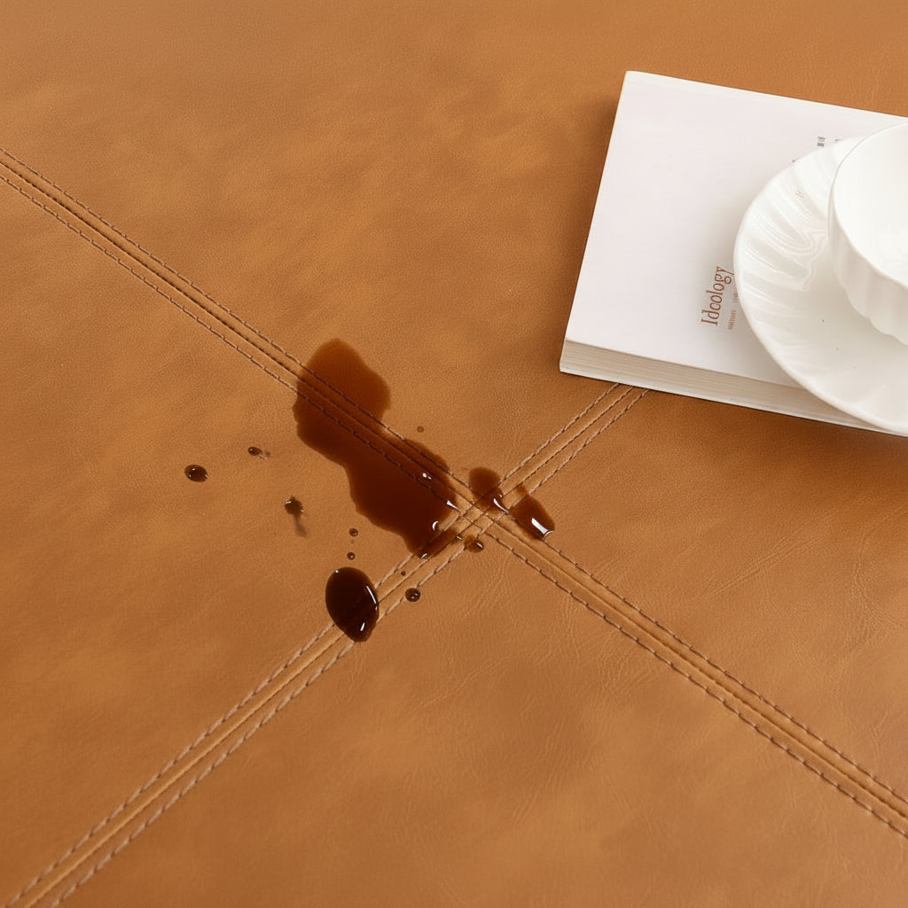 Brown leather surface with a coffee spill and text indicating ease of cleaning.