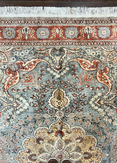 Silk Turkish Rug 5x7, Light Blue Silk Carpet, Floral Medallion, Turkish Kayseri Rug, Vintage Handmade Oriental Rug-1